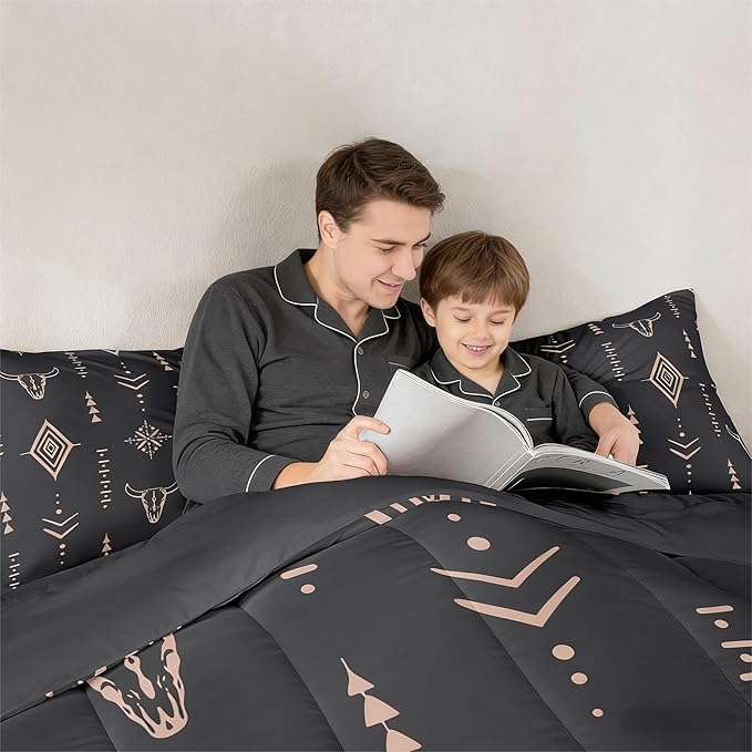 Bull Skull Comforter Set Queen Boho Bedding Ethnic Horns Bohemian Bedding Comforter Sets Black Brown Tribal Symbol Mysterious Aztec Bedroom Decor Abstract Geometric Duvet Insert for Men Boys