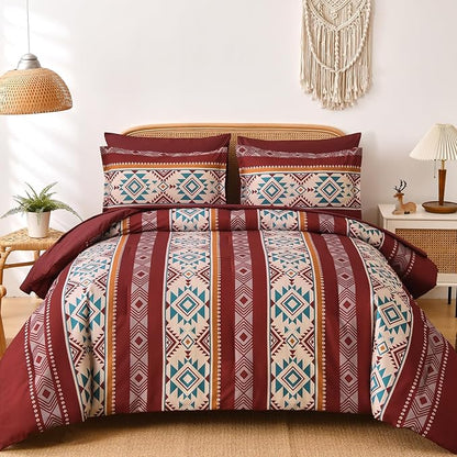 Anibedding Red Comforter Set Queen 7 Pieces Boho Bed in a Bag, Burgundy Aztec Striped Comforter Set with Sheets, Soft Microfiber Reversible Western Bedding Set for All Season