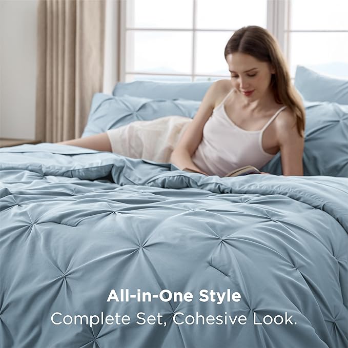 Bedsure Full Comforter Set Light Blue - Bed in a Bag Full Size Bedding Set 7 Pieces, GentleSoft™ Pintuck Bed Set Gift for Family, Pinch Pleat All Season Comforter with Sheets, Pillowcases & Shams