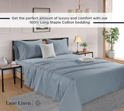 LANE LINEN King Bed Sheets – 600 Thread Count Long-Staple 100% Cotton King Size Bed Sheets, Hotel Luxury Soft Silky Sateen Weave, Durable for Daily Use, Fully Elasticized 15" Deep Pocket – Blue