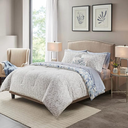 Madison Park Essentials Cozy Bed in a Bag Reversible Comforter with Complete Sheet Set - Modern Botanical Print All Season Cover, Shams, Decorative Pillow, Cal King(104"x92"), Blue 8 Piece