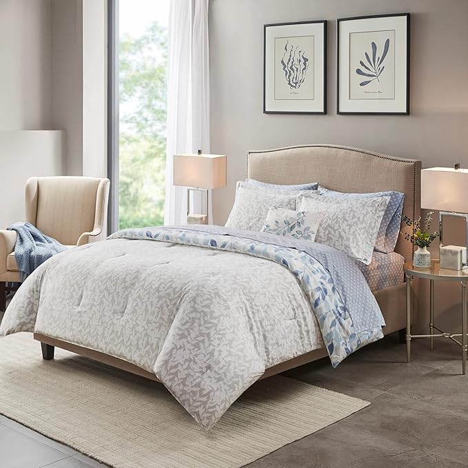 Madison Park Essentials Cozy Bed in a Bag Reversible Comforter with Complete Sheet Set - Modern Botanical Print All Season Cover, Shams, Decorative Pillow, Full(78"x86"), Blue 8 Piece