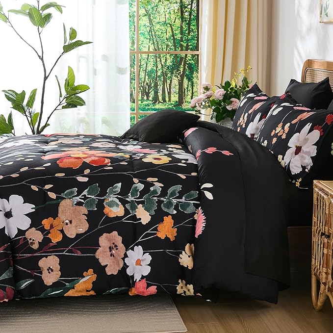 Anibedding 8Pieces King Size Comforter Set, Black Watercolor Floral Queen Size Bed in a Bag Comforter Set with Pillowcase, Sheets for All Season