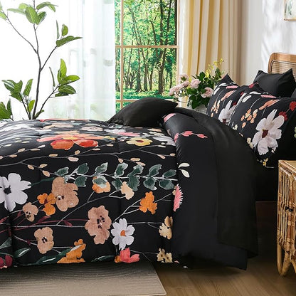 Anibedding 8Pieces Queen Comforter Set, Black Watercolor Floral Queen Size Bed in a Bag Comforter Set with Pillowcase, Sheets for All Season