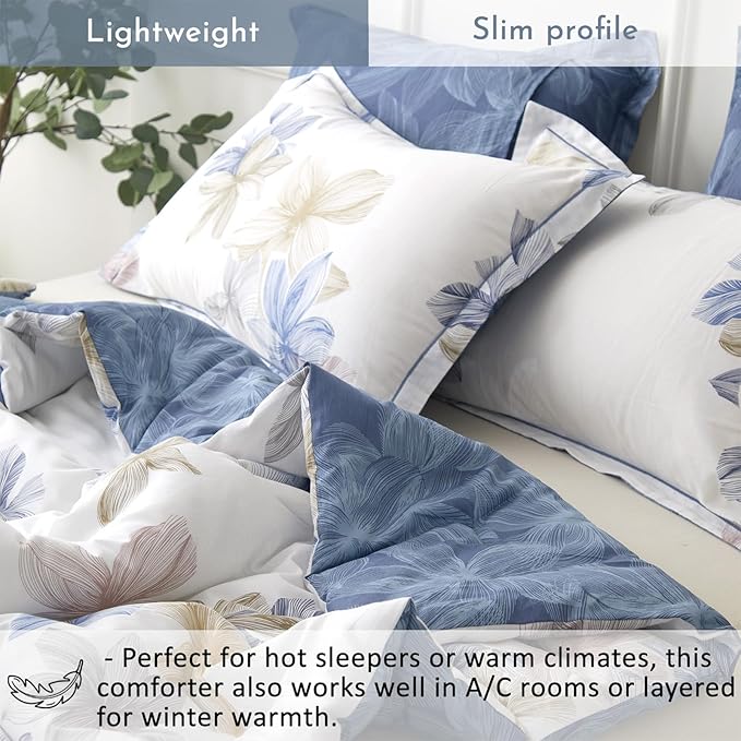 Natural Cotton 3pcs Floral Comforter Sets Queen Size - Grayish White Comfoter with Blush & Tan Floral Print, Aegean Blue Reverse, Vintage Lightweight Bedding Sets(Queen 90"×90")