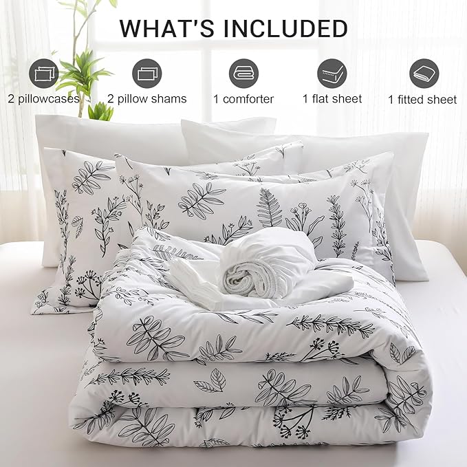 MUXHOMO White Full Comforter Set, Elegant Floral Print Bed in a Bag 7 Pieces, Ultra Soft & Breathable Reversible Botanical Pattern Bedding Set with Comforter, Sheets, Pillowcases, and Shams