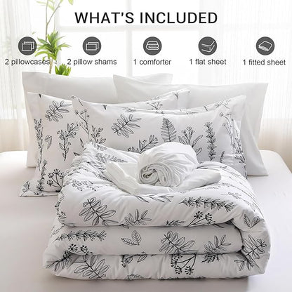 MUXHOMO White Full Comforter Set, Elegant Floral Print Bed in a Bag 7 Pieces, Ultra Soft & Breathable Reversible Botanical Pattern Bedding Set with Comforter, Sheets, Pillowcases, and Shams