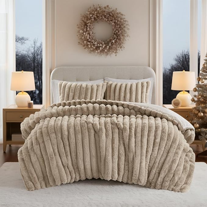 Madison Park Jasmine King Comforter Set, Luxurious Reversible Faux Fur Plush Ribbed Velvet Bedding, Fuzzy Thick Warm Winter Comforter, Super Soft Fluffy 3-Piece Set Taupe