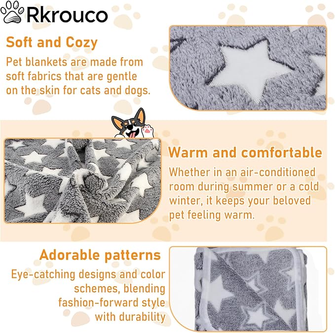 Three Piece Pet Blanket Set for Dogs Cats Soft Comfy Puppy and Kittens Bed Blanket Fluffy Fleece Pets Throw with Cute Patterns (Large 41x30 inch, Gray)