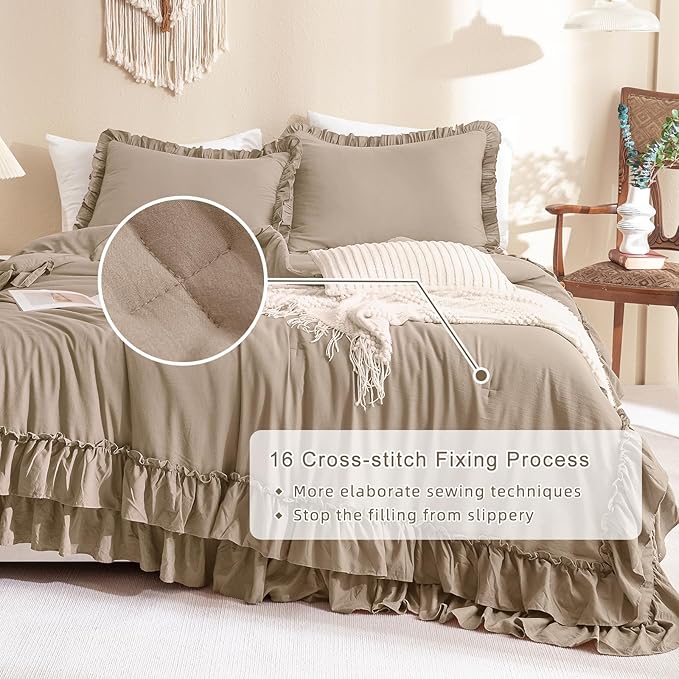 QSH 3PCs Light Taupe Ruffled Comforter Set Queen Size,Shabby Boho Chic Bedding Comforter Sets Queen, Ultra Soft Farmhouse Lightweight Microfiber Inner Fill Bed Comforter Set