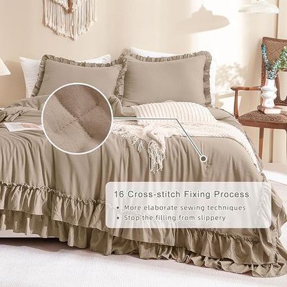 QSH 3PCs Light Taupe Ruffled Comforter Set Queen Size,Shabby Boho Chic Bedding Comforter Sets Queen, Ultra Soft Farmhouse Lightweight Microfiber Inner Fill Bed Comforter Set