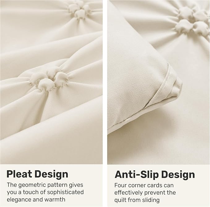 UNIKOME Queen Comforter Set Beige - Ultra Soft Boho Pintuck Cream Down Alternative Bedding Set for All Seasons, 3 Pieces Lightweight Warm Pinch Pleat Bed Set with Comforter, 2 Pillowcases