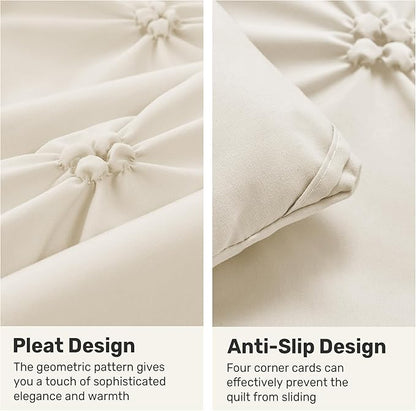 UNIKOME Queen Comforter Set Beige - Ultra Soft Boho Pintuck Cream Down Alternative Bedding Set for All Seasons, 3 Pieces Lightweight Warm Pinch Pleat Bed Set with Comforter, 2 Pillowcases