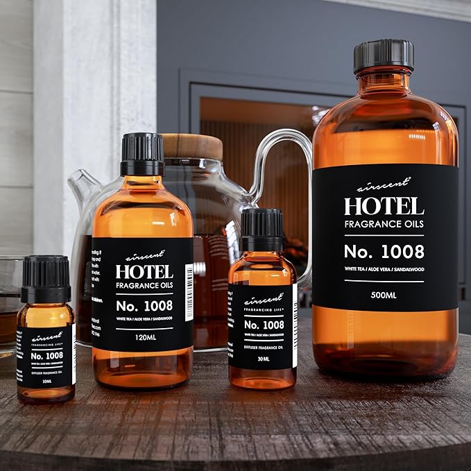 AirScent Hotel Diffuser Oil No. 1008 - White Tea, Aloe Vera & Sandalwood - Hotel Scent Dupe - Premium Fragrance Oil for Ultrasonic and Waterless Diffusers and Crafting - 30 mL, 1 fl oz Glass Bottle
