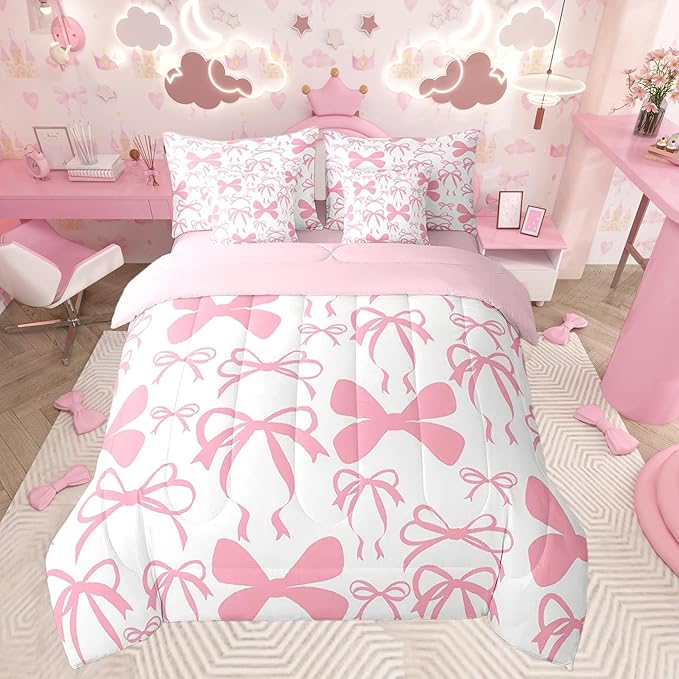 Feelyou Bow Bedding Set for All Season Boys Girls Full Size Black Cute Bowknot 7 Pieces Comforter Sets Women Men Pink Girls Bow Bed in a Bag with Comforter, Sheets, Pillowcases & Cushion Cover
