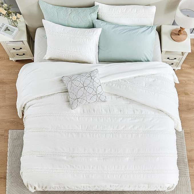 Wonderful White Comforter Set King, Clipped Jacquard Striped Cotton Lightweight Comforter with Pillow Shams, Fluffy Bedding Set for All Season