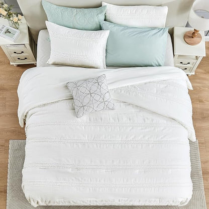 Wonderful White Comforter Set King, Clipped Jacquard Striped Cotton Lightweight Comforter with Pillow Shams, Fluffy Bedding Set for All Season