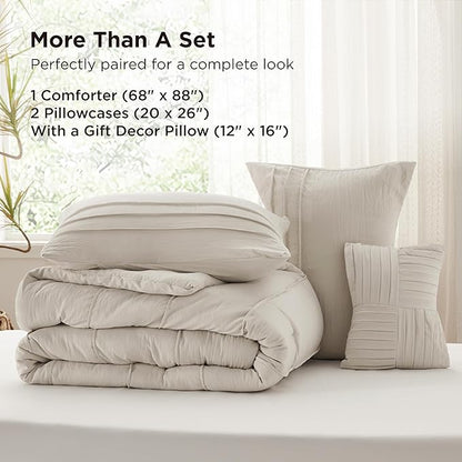 Bedsure Twin Comforter Set - 3 Pieces Pinch Pleat Bed Set, Beige Boho Bedding for All Season, 1 Soft Comforter, 1 Pillowcase, 1 Decorative Pillow