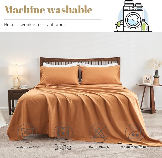 Simple&Opulence Belgian Linen Sheet Set Solid Color -Sheet Set 4PC - Cal King Natural Flax Cotton Blend Soft Breathable Farmhouse Bedding - California King, Rust