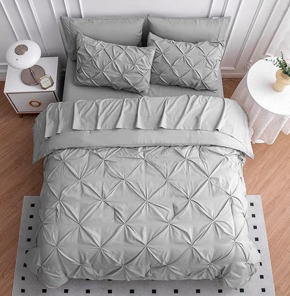 LANE LINEN California King Bedding Set – 7 Piece Hotel Style Pintuck Bed in a Bag - Down Alternative with Comforter, Sheets, Pillowcases & Shams – All Season Soft & Durable Cal King Bed Set – Silver | Durable microfiber, Extended coverage, Daily comfor...
