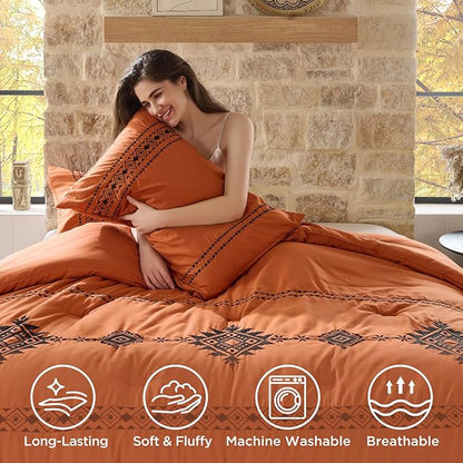 Embroidered Boho Comforter Set Twin Size, 2-Piece Western Shabby Chic Bedding Sets - Fluffy Ultra Soft Microfiber with Intricate Design, Includes Comforter & 1 Pillowcase, Pumpkin(68"x88")