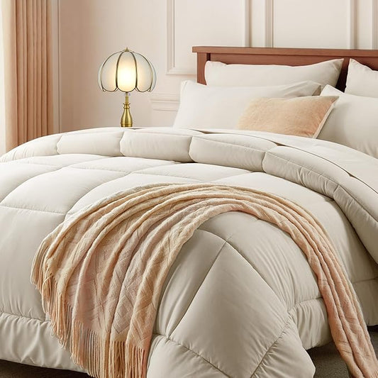 Newspin Twin Comforter Set Beige - Bed in a Bag Twin Size 5 Pieces, All Season Bed Set, Fluffy Comforter Set with Sheets, Sheet Set Quilt Blanket, Pillowcases & Shams