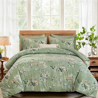 Green King Comforter Size Set, 7 Pieces Floral Bed in a Bag Bedding Sets, Lightweight Soft Comforter and Sheet Set, All Season Microfiber Flower Bedding Sets