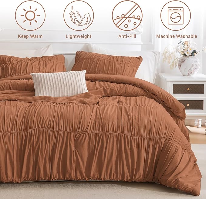 Lady Ann Oversized King 120x120 Comforter Set - Pumpkin Ruched Bedding, 3-Piece Fluffy Bedding Comforter Set for Women, Ultra Soft and Luxurious All-Season Boho Bedding Set for Bedroom.