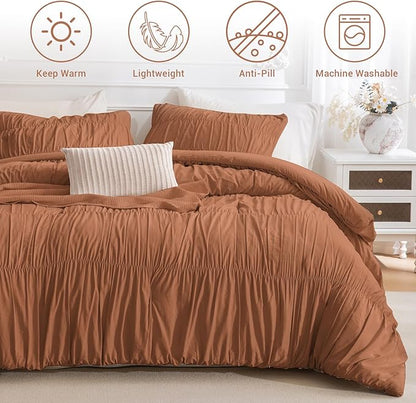 Lady Ann Oversized King 128x120 Comforter Set - Pumpkin Ruched Bedding, 3-Piece Fluffy Ruffle Bedding Comforter Set for Women, Ultra Soft and Luxurious All-Season Boho Bedding Set for Bedroom.