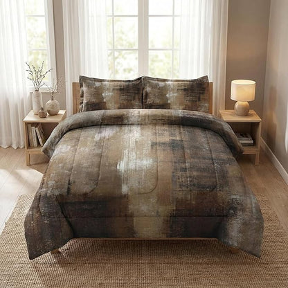 Queen Size Comforter Set with 2 Pillowcases, Brown Grey Painting 3 Pcs Bedding for Kids and Adults, Beige Contemporary Soft Comforter Set for Bedroom Bed Decor