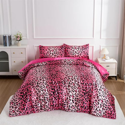 A Nice Night Leopard Printed,Satin Silky Soft Quilt Sexy Luxury Super Soft Microfiber Comforter Quilt Bedding 5PCS Comforter Set, Light Weighted (Pink, Queen(88-by-88-inches))
