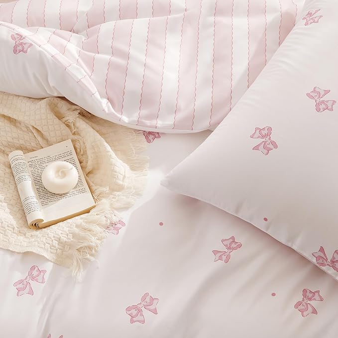 White Comforter Set Full Size - Pink Bow Quilt Bedding Set 3 Pieces, Sripes Comforter Set Full, Soft & Lightweight Comforter(79‘’ x 90‘’) for Girl All Season & 2 Pillowcases(30‘’x20‘’)
