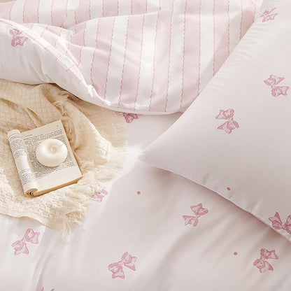 White Twin Comforter Set - Pink Bow Quilt Bedding Set 2 Pieces, Stripes Comforter Set Twin Size, Soft & Lightweight Comforter(68‘’ x 90‘’) for Girl All Season & 1 Pillowcase(30‘’x20‘’)