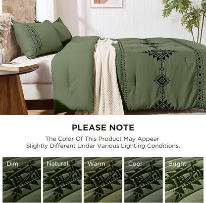 Embroidered Boho Comforter Set Twin Size, 2-Piece Western Shabby Chic Bedding Sets - Fluffy Ultra Soft Microfiber with Intricate Design, Includes Green Comforter(68"x88") & 1 Pillowcase