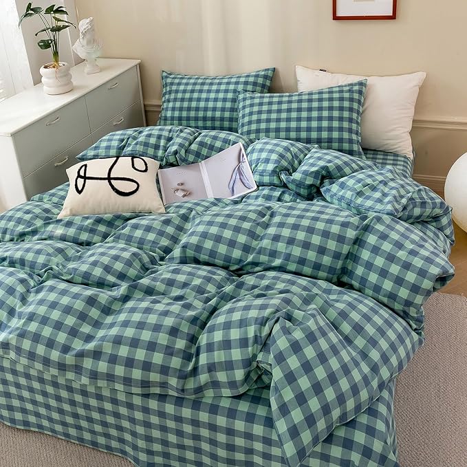 HighBuy Turquoise Gingham Comforter Set Queen Size,Farmhouse Modern Blue Plaid Checkered Comforter Set Grid Bedding Sets Soft Fluffy 3 Pieces,Gingham Bed Comforter with 2 Pillowcases