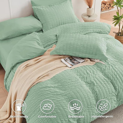 HYMOKEGE Sage Green Twin Comforter Set Seersucker 5 Pieces, All Season Luxury Bed in a Bag for Bedroom, Bedding Set with Comforters, Sheets, Pillowcase & Sham