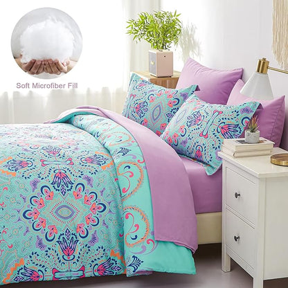 Queen Comforter Set, 7 Piece Bed in a Bag, Boho Aqua and Lilac Damask Medallion Print Comforter with Sheets, Soft Microfiber Complete Bedding Set for All Season (Aqua, Queen)