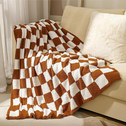 MorroMorn Checkered Throw Blanket for Couch, 2-Layers Soft Cozy Fleece Plaid Blankets Checkerboard Grid - Fluffy Fuzzy Warm for Sofa Chair Bed Christmas Fall Decor Gifts (Caramel, Throw 50"x60")