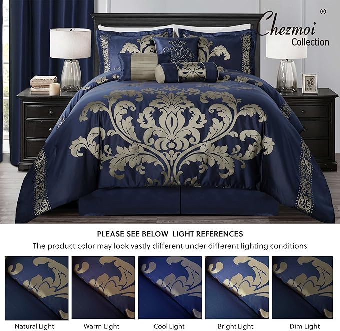 Chezmoi Collection 7-Piece Jacquard Floral Comforter Set (California King, Navy/Gold)