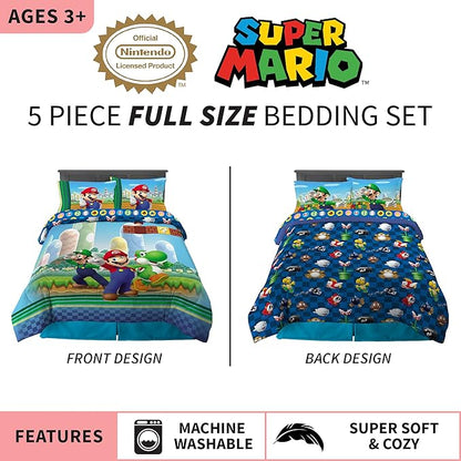 Super Mario Kids Full Size Bedding, 5 Piece Super Soft Cozy Reversible Comforter and Sheet Set, (Officially Licensed Product) By Franco
