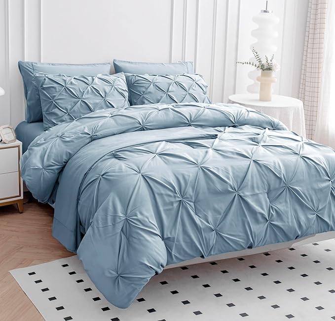 LANE LINEN Twin XL Comforter Set – 5 Pc Pintuck Bed in a Bag – Hotel-Style Microfiber - Bedding Set with Comforter, Flat & Fitted Sheets, Pillowcase & Pillow Sham – Low-Maintenance Dorm - French Blue | Hotel microfiber, Easy dorm setup, Soft breathable...