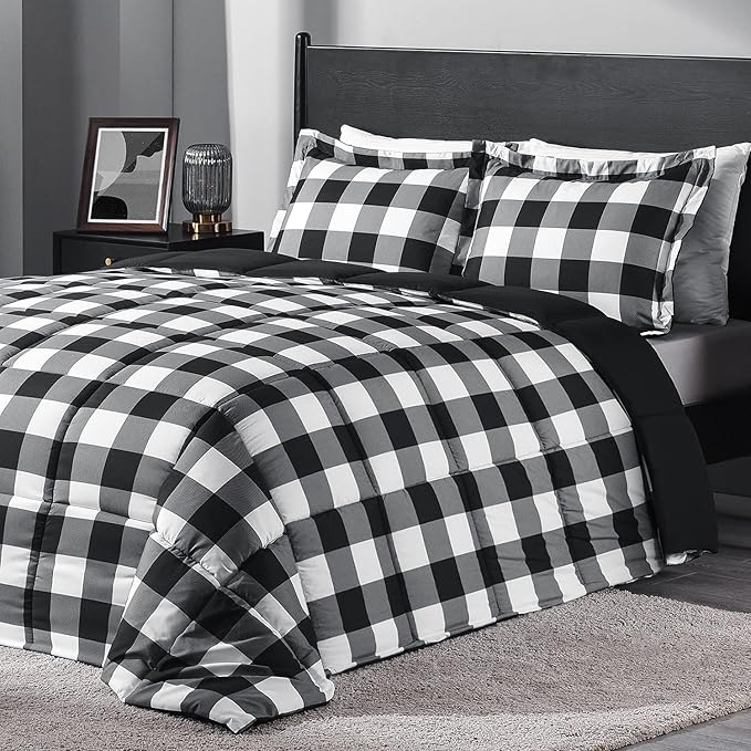 downluxe Lightweight Plaid Comforter Set (King) with 2 Pillow Shams - 3-Piece Set - Black/White Plaid - Down Alternative Reversible Comforter