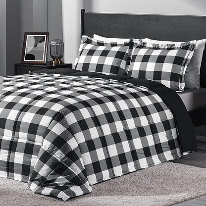 downluxe Lightweight Plaid Comforter Set (Twin) with 1 Pillow Sham - 2-Piece Set - Black/White Plaid - Down Alternative Reversible Comforter