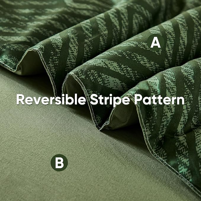 Drucon Christmas Olive Green Striped Comforter Set Queen Size 7 Pieces Reversible Bedding Set, Boho Bed in a Bag, Soft Microfiber Comforter and Sheet Set for All Season