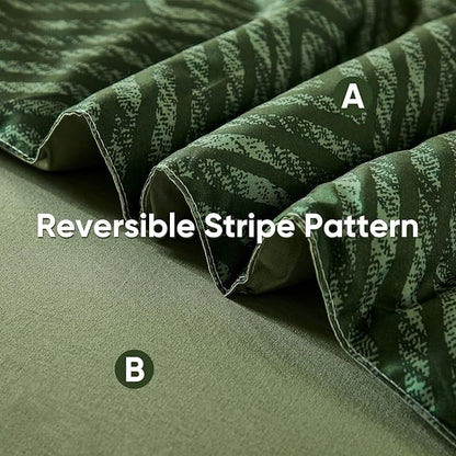 Drucon Christmas Olive Green Striped Comforter Set Queen Size 7 Pieces Reversible Bedding Set, Boho Bed in a Bag, Soft Microfiber Comforter and Sheet Set for All Season