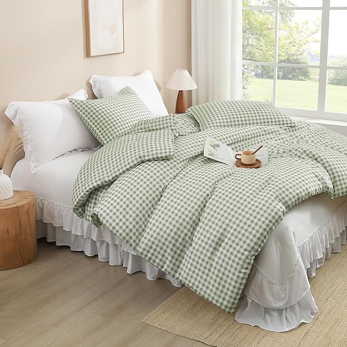 Andency Sage Checkered Comforter King(104x90Inch), Plaid Gingham Buffalo Grid Bedding Comforter Sets for Boys Kids Teens, 3 Pieces Lightweight Microfiber Geometric Preppy Bed Set