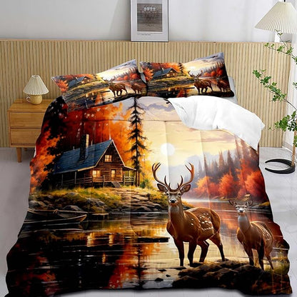 LUVIVIHOME 3PCS Deer Comforter Set Queen Size, Mallard Duck Elk Moose Lake Mountain Fall Tree Forest Animal Wildlife Hunting Hunter Country Lodge Rustic Farmhouse Cabin Bedding Sets, 2 Pillow Shams