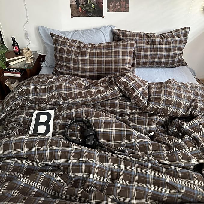 mixinni Vintage Blue & Brown Buffalo Plaid Comforter Set Full Size - 3-Piece Washed Cotton Soft Geometric Checkered Pattern Bedding Set for All-Seasons Lightweight & Breathable-Full Size