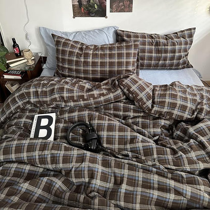mixinni Vintage Blue & Brown Buffalo Plaid Comforter Set California King Size - 3-Piece Washed Cotton Soft Geometric Checkered Pattern Bedding Set for All-Seasons Lightweight & Breathable