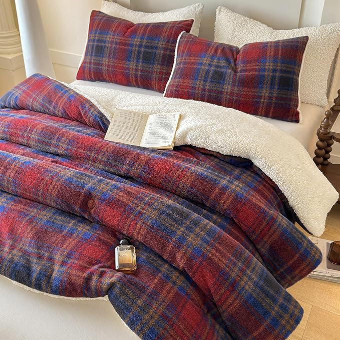 Cyusri Plaid Sherpa Comforter Set 2Pcs Fluffy Warm Fleece Down Alternative, Red Blue Grid Pattern Bedding Set with 1 Pillowcase, Twin Size 68"x90"